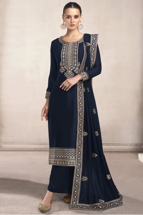 Embroidered Silk Navy Blue Palazzo Suit