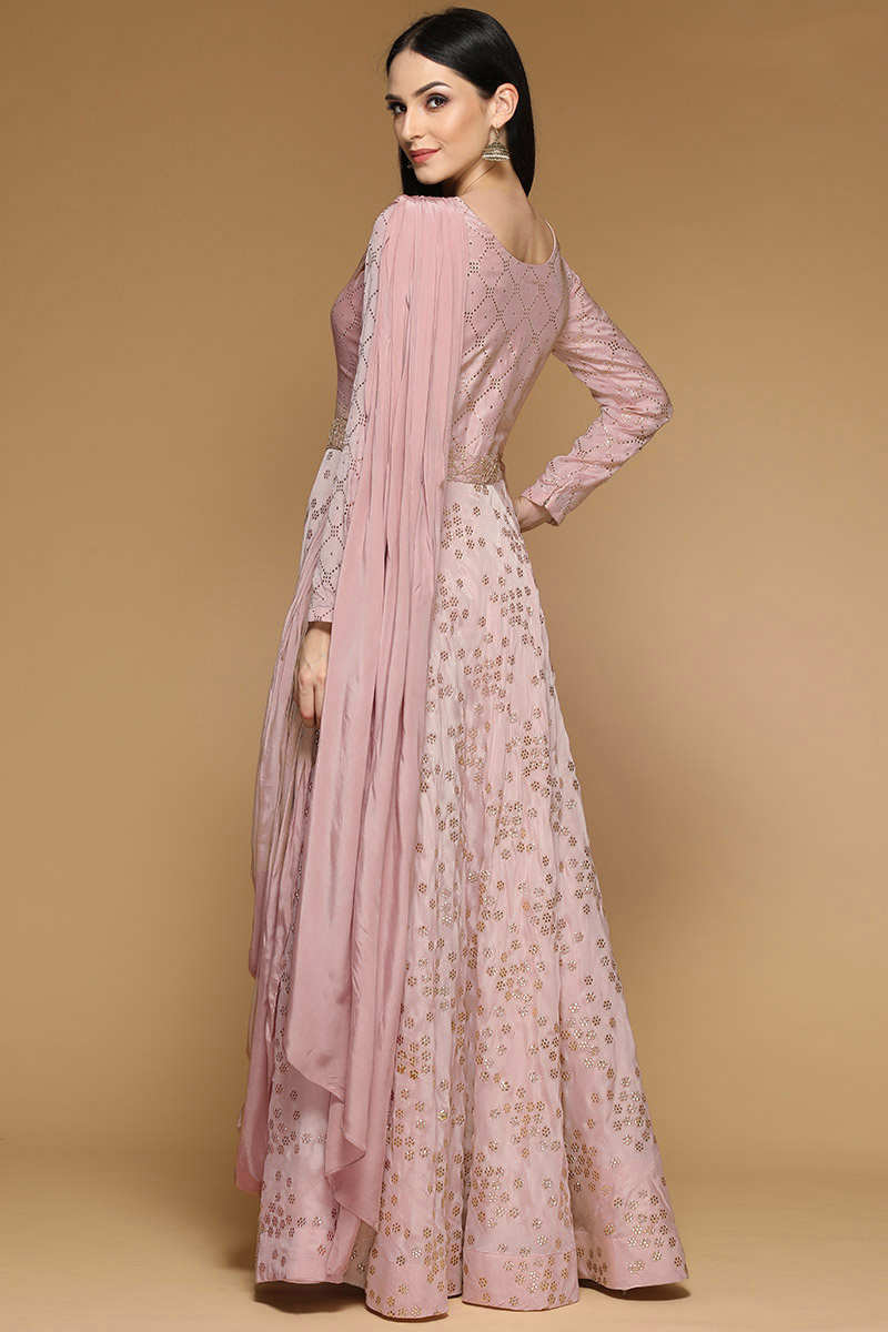 eid evening dresses Modern Eid Wear for Women in Pink Satin M / 58 Inches / Matching Embroidered Scarf (24 X 71 Inches) main image 0
