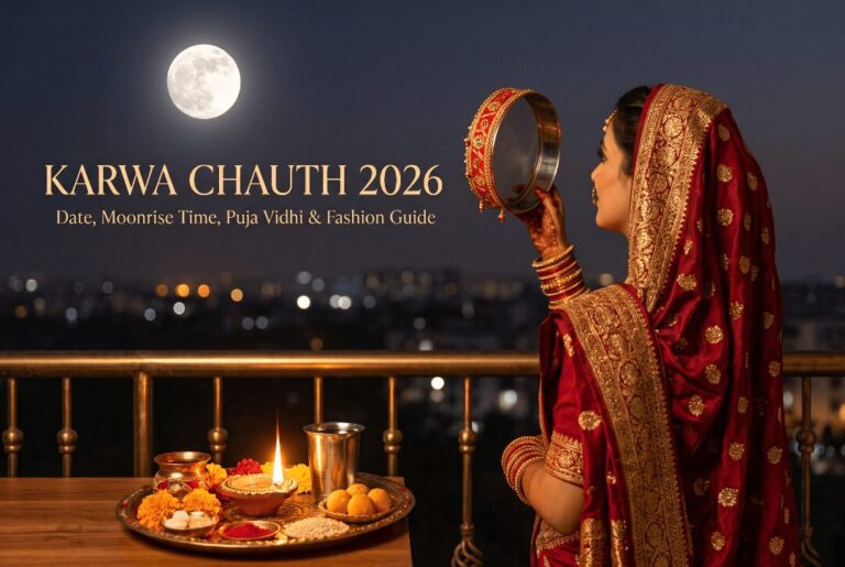 Woman viewing the moon through a chhalni on Karwa Chauth