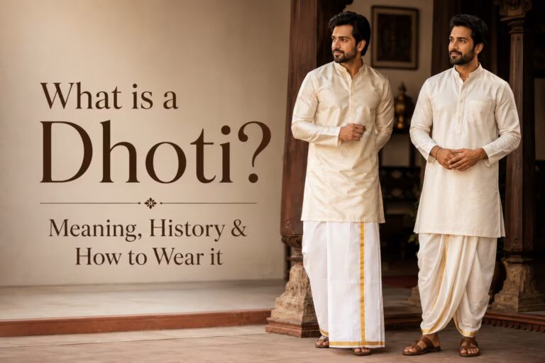 Men wearing a traditional white dhoti with a gold border and silk kurta