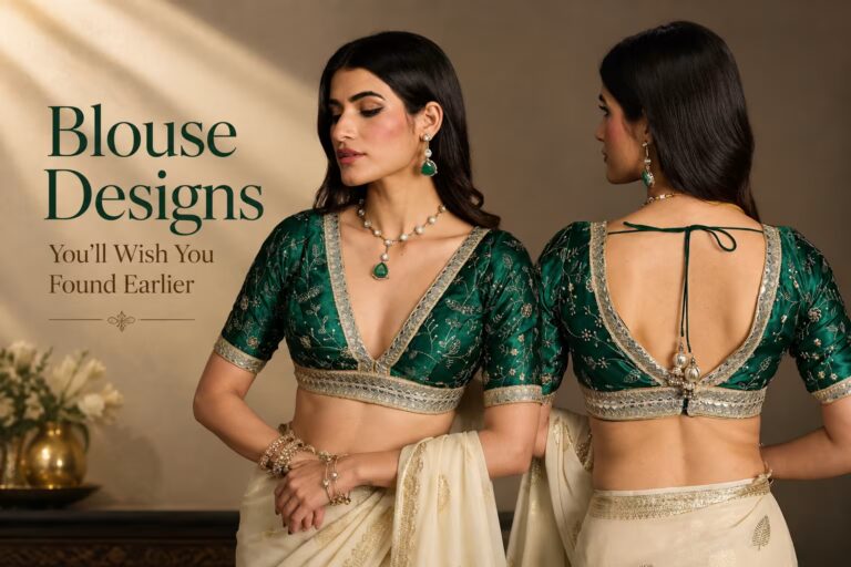 Elegant green embroidered saree blouse showing a statement neckline and back design