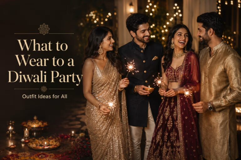 A group in glamorous festive outfits at a Diwali party with diyas and lights