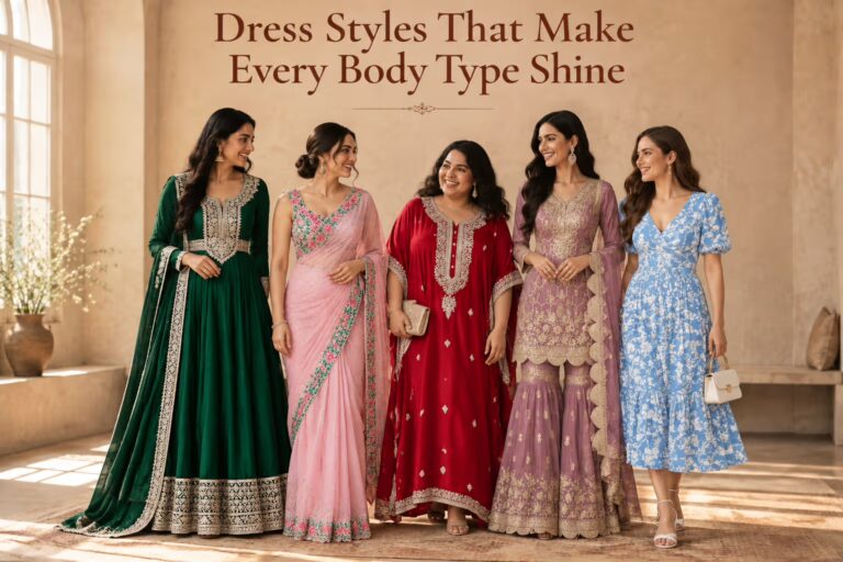 Women of different body shapes in well-fitting ethnic and western outfits