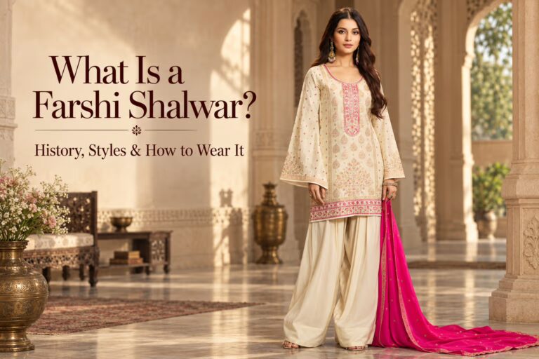 Woman in a farshi shalwar holding the trailing hem in her left hand